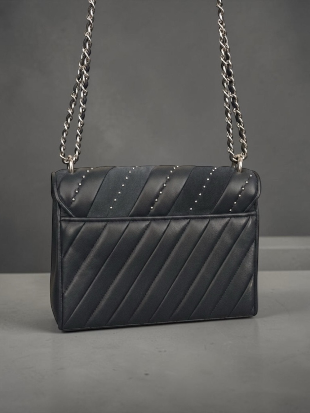 Michael Kors Sloan Editor Studded Navy Leather & Suede Shoulder Bag - Picture 3 of 10